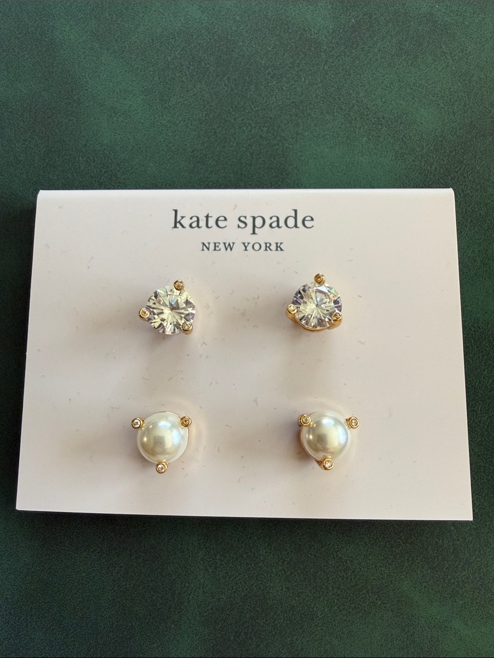 NWT. kate spade Gold-Tone Crystal & Pearl Stud Earring Duo - White/Gold